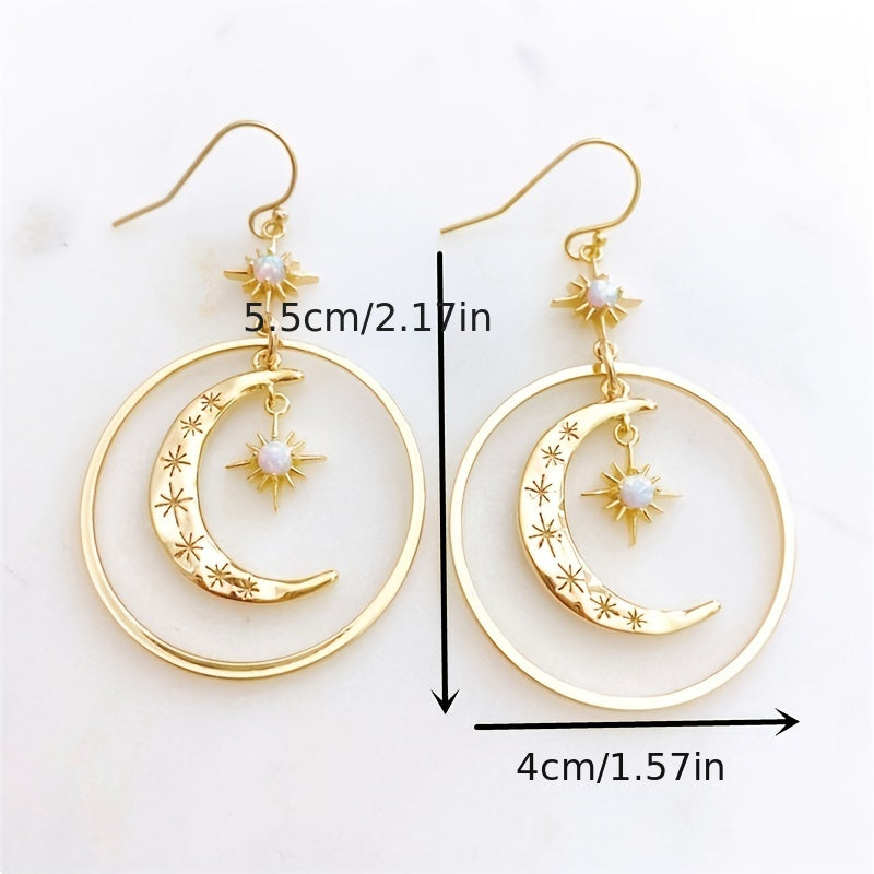 Elegantes brincos pendentes estilo boho-chic com pedra da lua dourada para mulher - lua crescente com motivos de estrelas, liga de zinco, perfeitos para o dia a dia e para festas.