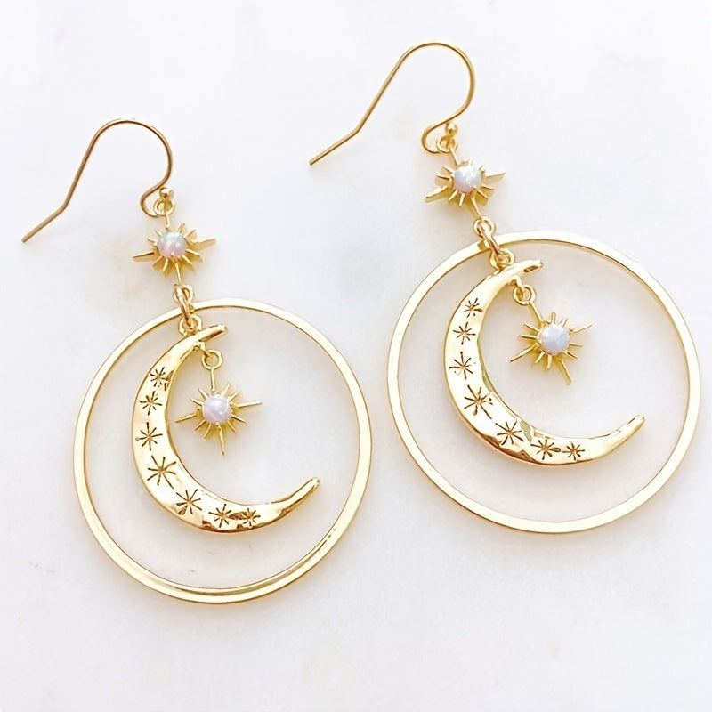 Elegantes brincos pendentes estilo boho-chic com pedra da lua dourada para mulher - lua crescente com motivos de estrelas, liga de zinco, perfeitos para o dia a dia e para festas.