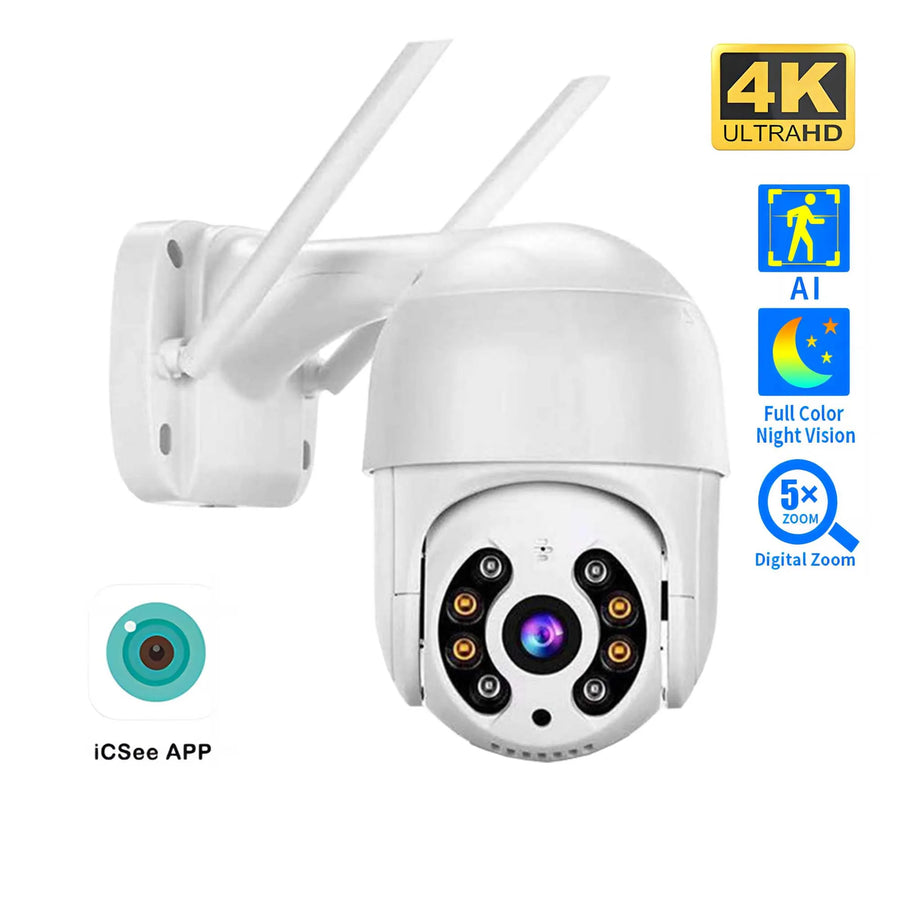 Câmara PTZ 4K WiFi 8MP | Visão Noturna Cor AI Auto-Tracking CCTV