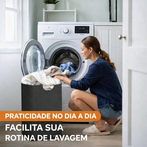 Cesto de Roupa Dobrável 80L com Alças de Bambu – Linho Resistente