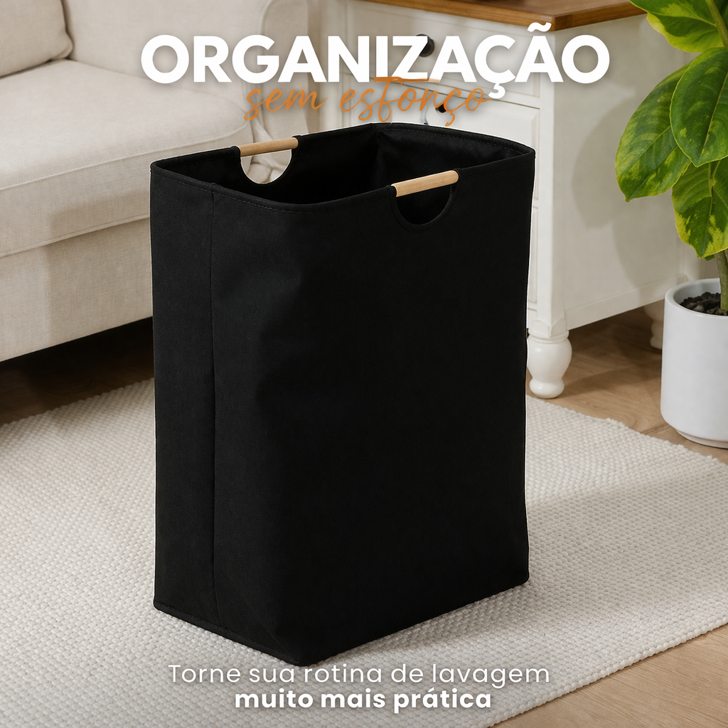 Cesto de roupa dobrável 80l com alças de bambu – organize sua casa com praticidade
