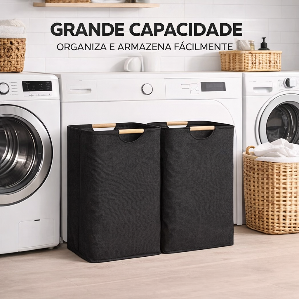 Cesto de roupa dobrável 80l com alças de bambu – organize sua casa com praticidade