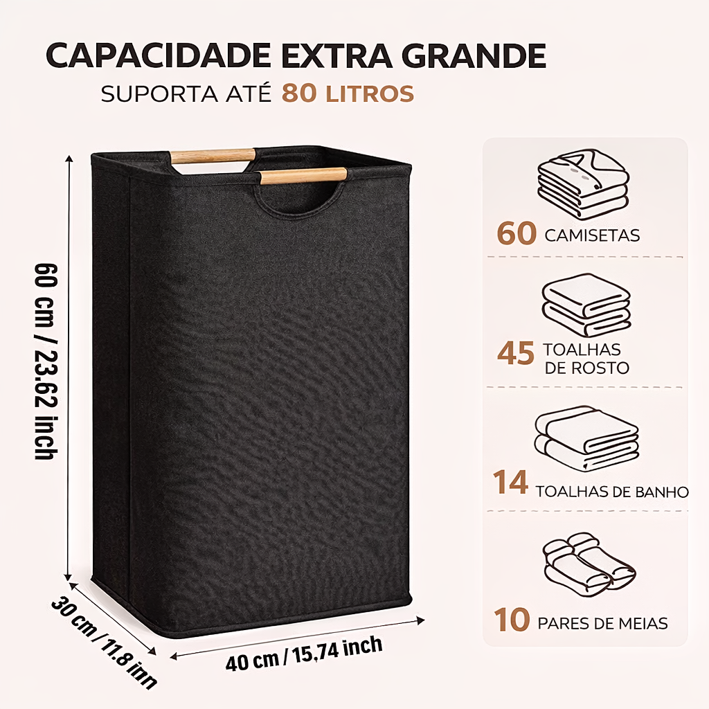 Cesto de roupa dobrável 80l com alças de bambu – organize sua casa com praticidade