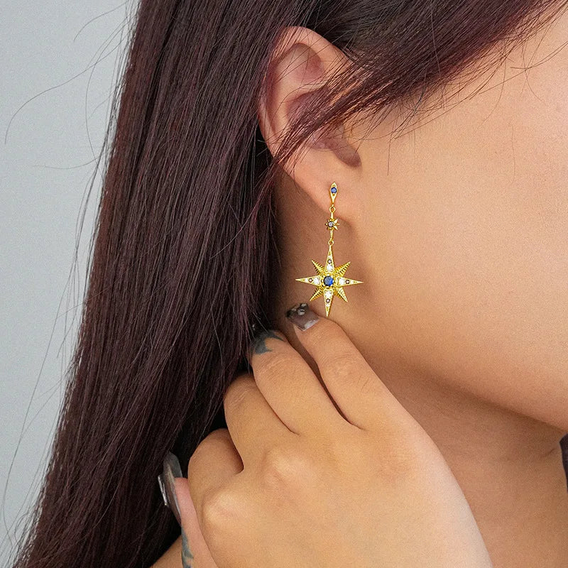 Brincos xi qing fine em prata s925 banhado a ouro, estilo boémio étnico vintage, com pendente estrelas e lua - presente ideal para mulher
