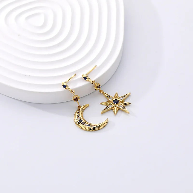 Brincos xi qing fine em prata s925 banhado a ouro, estilo boémio étnico vintage, com pendente estrelas e lua - presente ideal para mulher