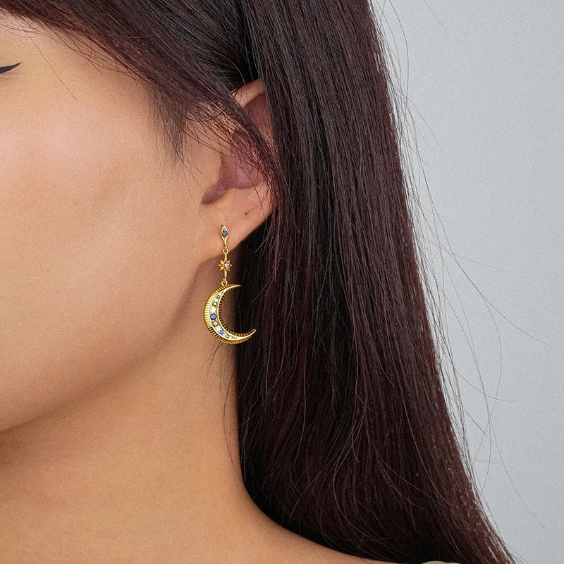 Brincos xi qing fine em prata s925 banhado a ouro, estilo boémio étnico vintage, com pendente estrelas e lua - presente ideal para mulher