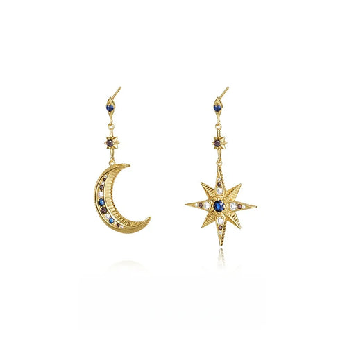 Brincos Xi Qing em Prata S925 Banhada a Ouro – Estrelas e Lua, Estilo Boémio Vintage