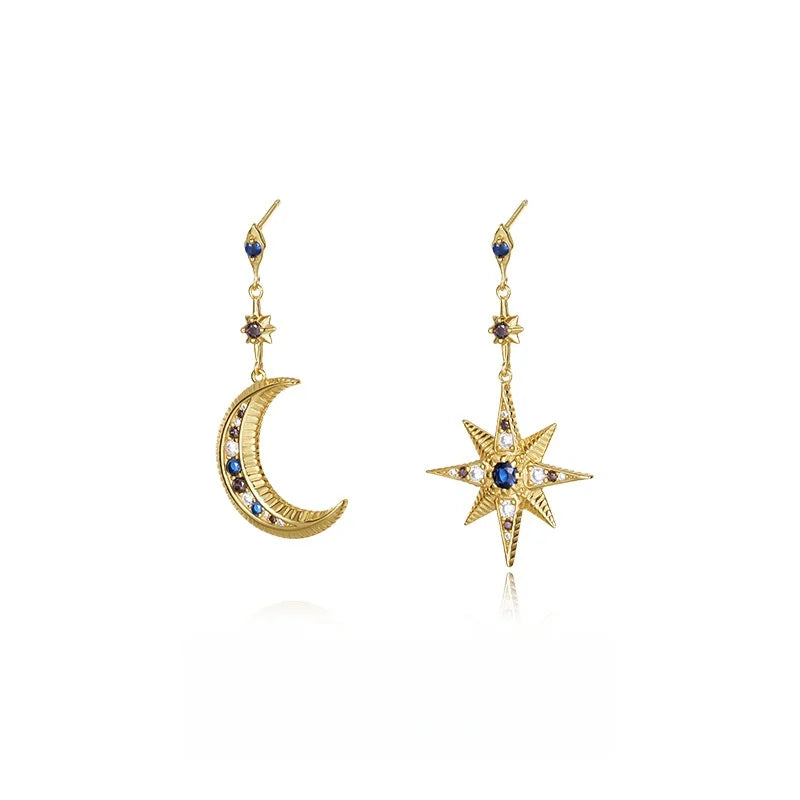 Brincos Xi Qing em Prata S925 Banhada a Ouro – Estrelas e Lua, Estilo Boémio Vintage