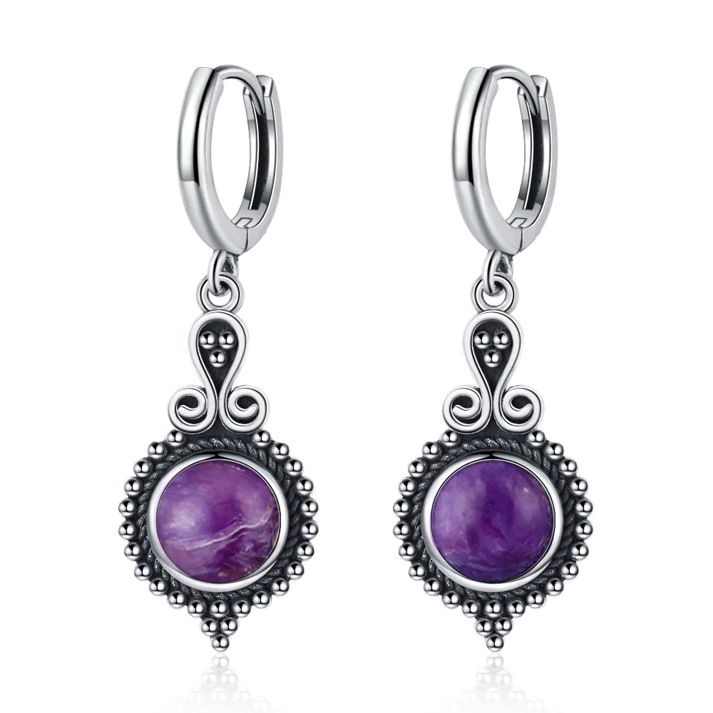 Brincos elegantes de prata com cianite natural para mulheres, joias vintage, brincos de argola para casamento e noivado, presentes