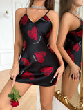 Nightdress Cetim Mini Estampa Lábios | Decote V Costas Nuas Sexy