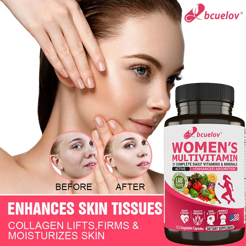 Suplemento multivitamínico e multimineral feminino - magnésio, biotina, cálcio, zinco e selénio - ajuda na saúde das articulações, pele e unhas.