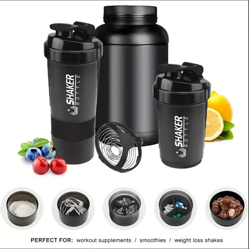 Garrafa shaker com recipiente para proteína em pó de 2 níveis, ideal para esportes, academia e fitness.