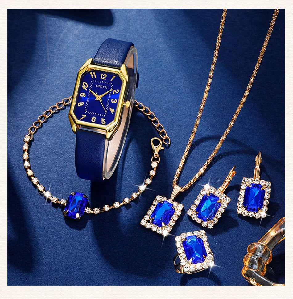 Relógio de senhora quadrado de luxo, marca de relógios de pulso de senhora em quartzo, modelo clássico e simples, com bracelete em pele azul.