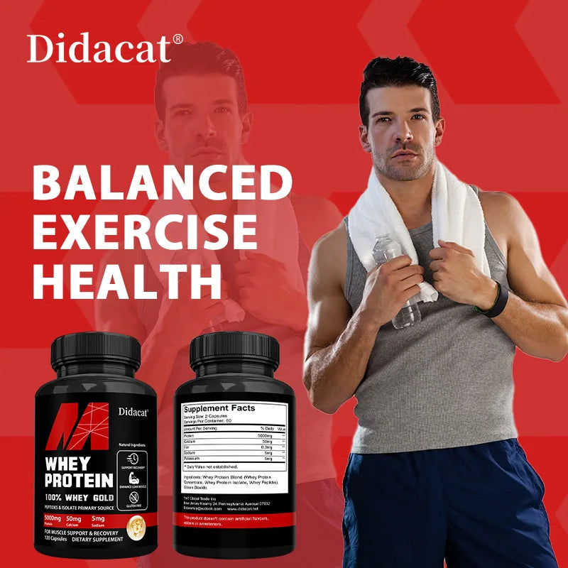 Cápsulas de proteína de soro de leite - contém 5000mg de proteína - auxilia na recuperação, saúde muscular equilibrada, sem glúten, não transgénico