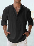 Camisa Linho Algodão Henley Manga Longa | Praia Hawaiana Casual Leve
