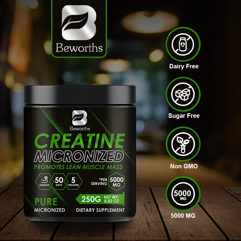 Creatina mono-hidratada Beworths, suplemento alimentar para atletas, auxilia no treino, no desenvolvimento muscular, fornece energia celular e aumenta a força muscular.