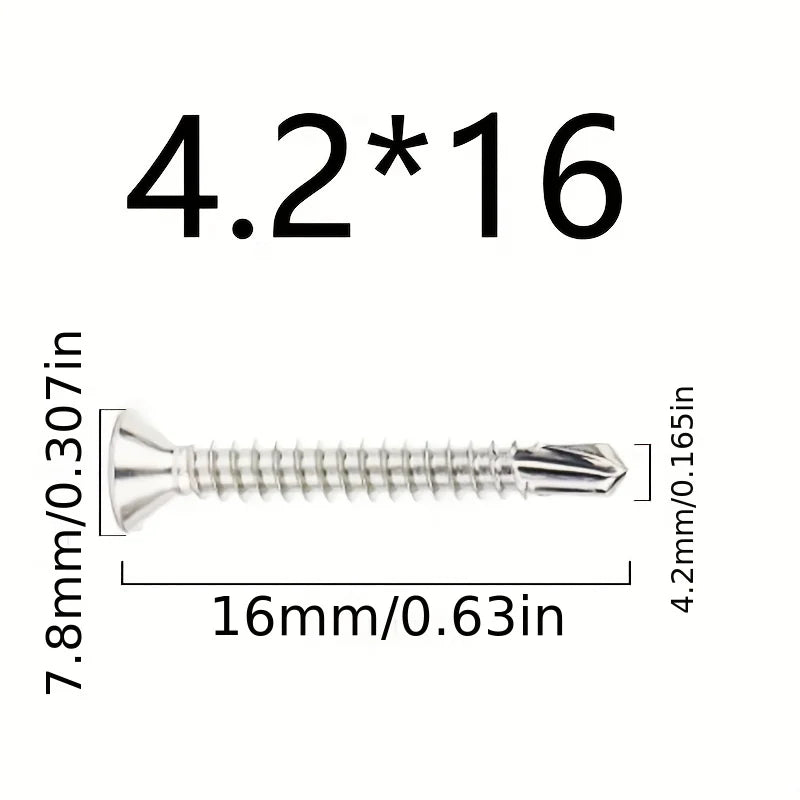 50 parafusos auto-atarraxantes para chapa metálica nº 8 M4.2 410, em aço inoxidável 410, com cabeça plana e alta resistência, para uma perfuração rápida.
