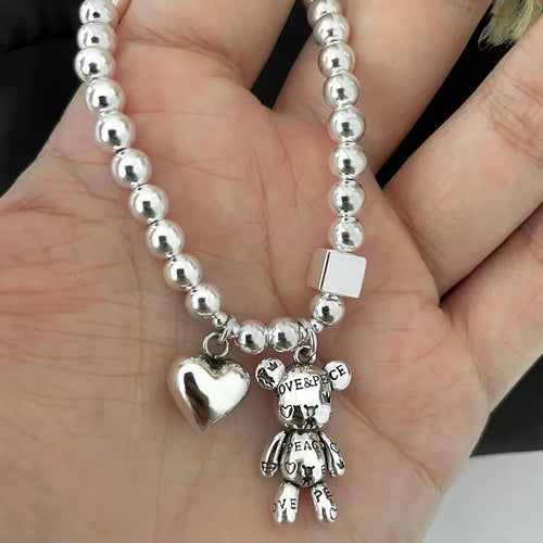 Pulseira Prata 925 Contas com Pendente Urso | Vintage Cute Festa