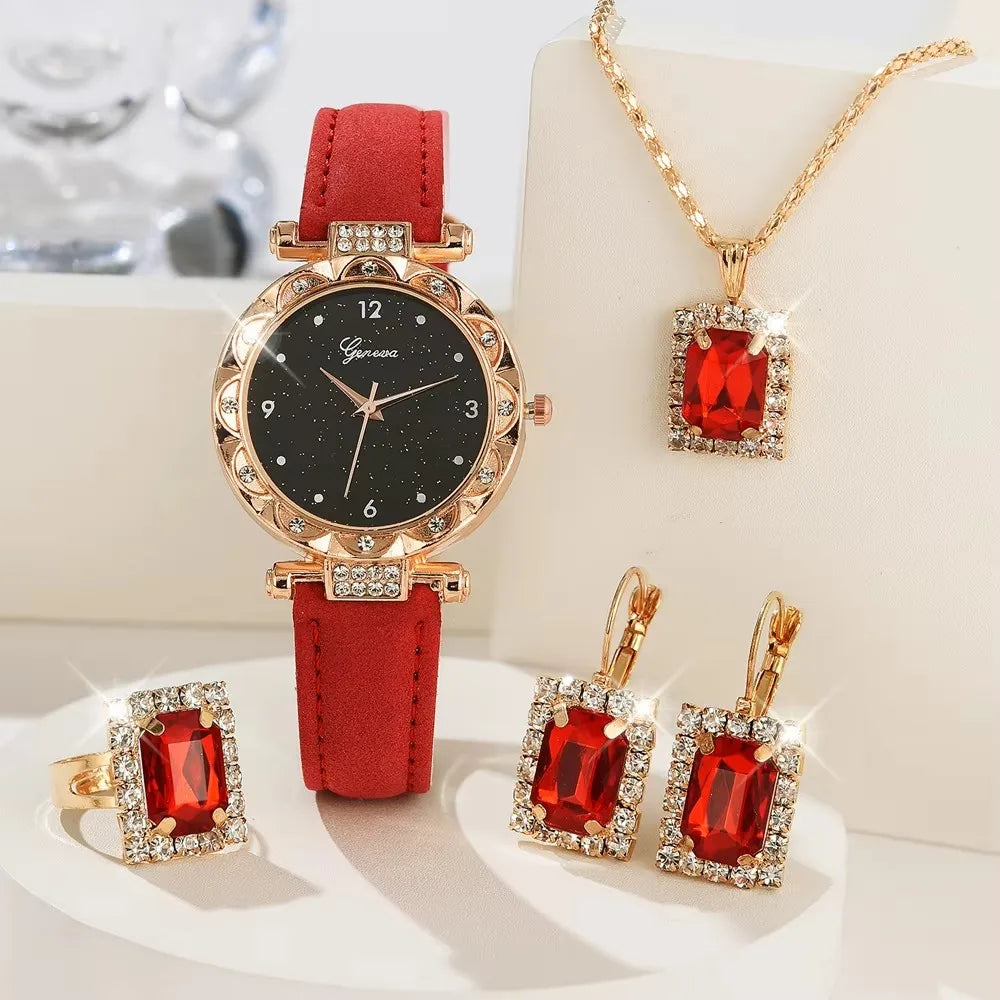 Conjunto de 5 relógios de luxo para senhora com strass, elegante e moderno, relógio de pulso a quartzo para menina, pulseira de relógio de pulso, presente ideal