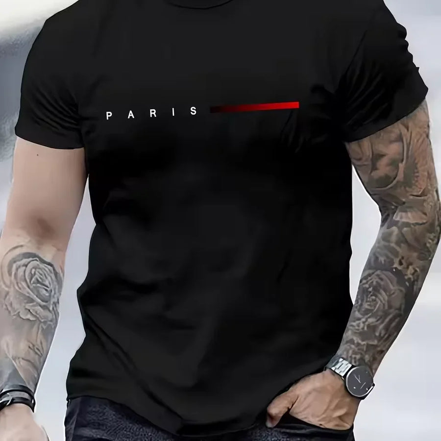 T-Shirt 100% Algodão PARIS Print | Slim Fit Round Neck Verão Casual