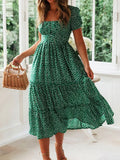 Vestido Maxi Floral Vintage Manga Puff | Gola Quadrada Praia Festa