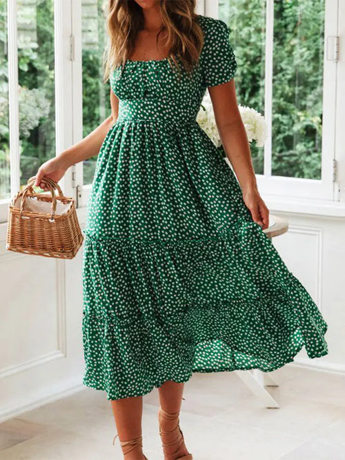 Vestido Maxi Floral Vintage Manga Puff | Gola Quadrada Praia Festa