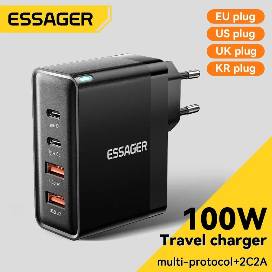 Carregador GaN 100W Essager USB-C | PD QC 4.0 iPhone Xiaomi MacBook