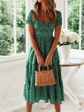 Vestido Maxi Floral Vintage Manga Puff | Gola Quadrada Praia Festa