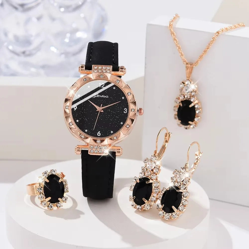 Conjunto de 5 relógios de luxo para senhora com strass, elegante e moderno, relógio de pulso a quartzo para menina, pulseira de relógio de pulso, presente ideal