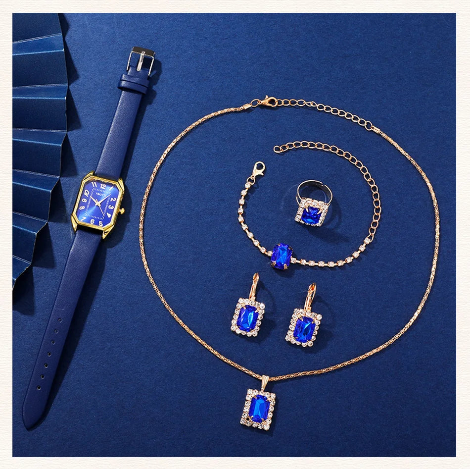 Relógio de senhora quadrado de luxo, marca de relógios de pulso de senhora em quartzo, modelo clássico e simples, com bracelete em pele azul.