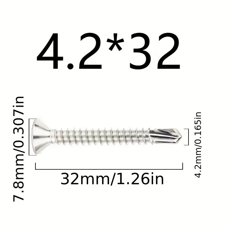 50 parafusos auto-atarraxantes para chapa metálica nº 8 M4.2 410, em aço inoxidável 410, com cabeça plana e alta resistência, para uma perfuração rápida.