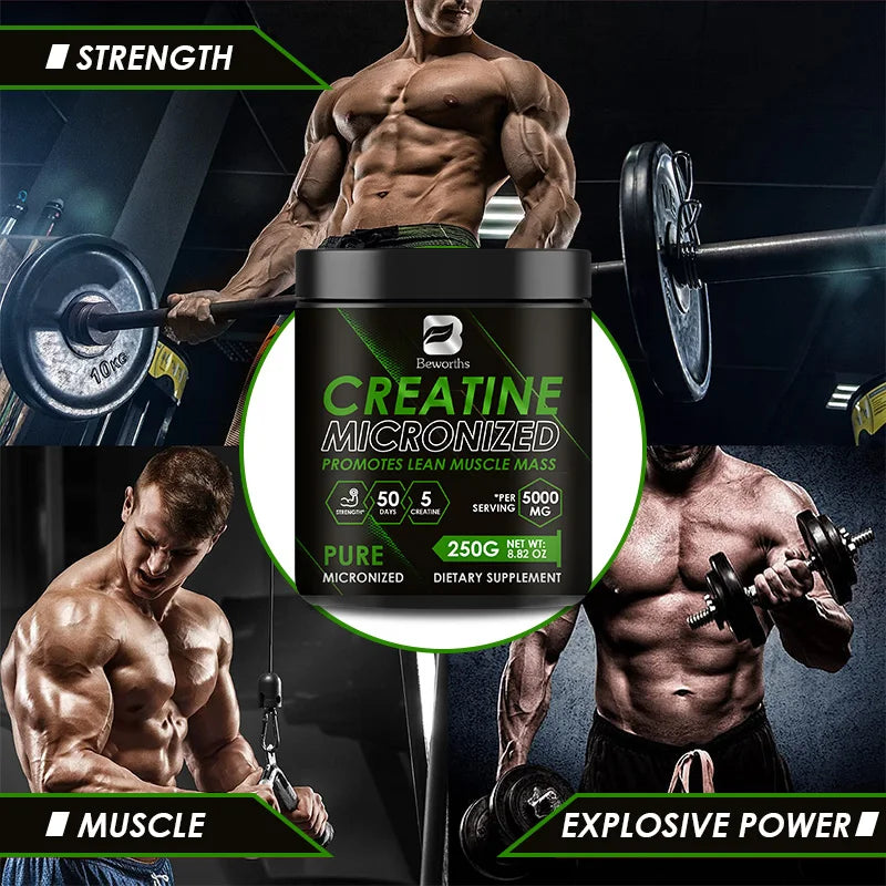 Creatina mono-hidratada Beworths, suplemento alimentar para atletas, auxilia no treino, no desenvolvimento muscular, fornece energia celular e aumenta a força muscular.