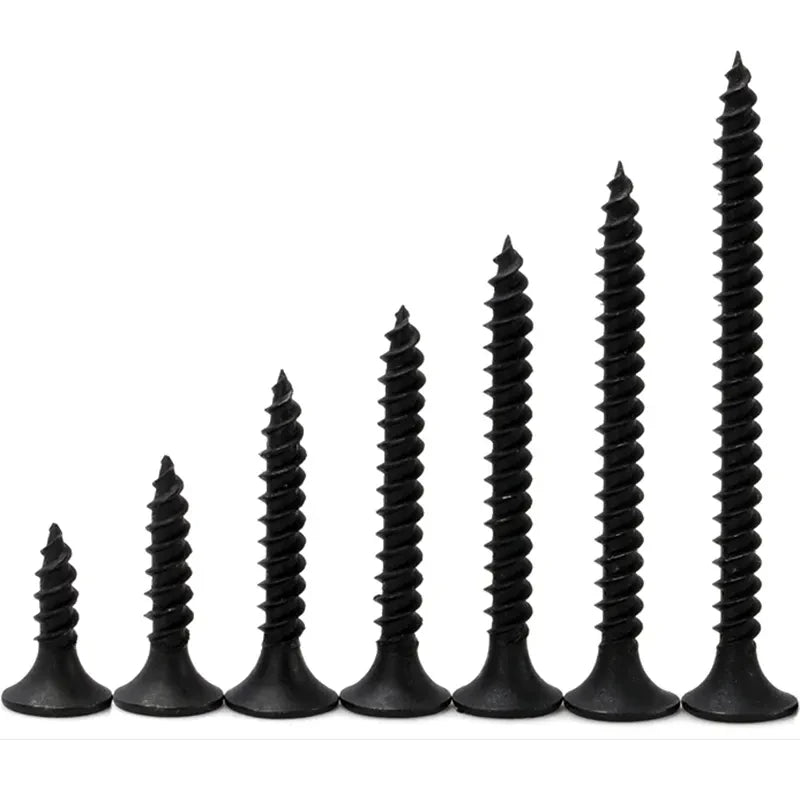 1 caixa/lote de 0,5 kg de parafusos para gesso cartonado com cabeça plana escareada cruzada, auto-atarraxantes, M3.5, em aço carbono preto, com rosca Phillips para madeira.