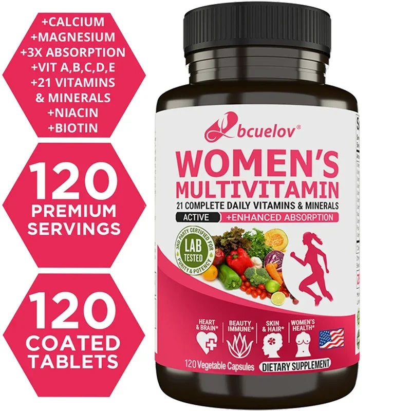 Suplemento multivitamínico e multimineral feminino - magnésio, biotina, cálcio, zinco e selénio - ajuda na saúde das articulações, pele e unhas.