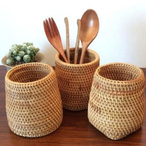 Organizador Rattan Talheres e Utensílios | Cesto Arrumação Cozinha