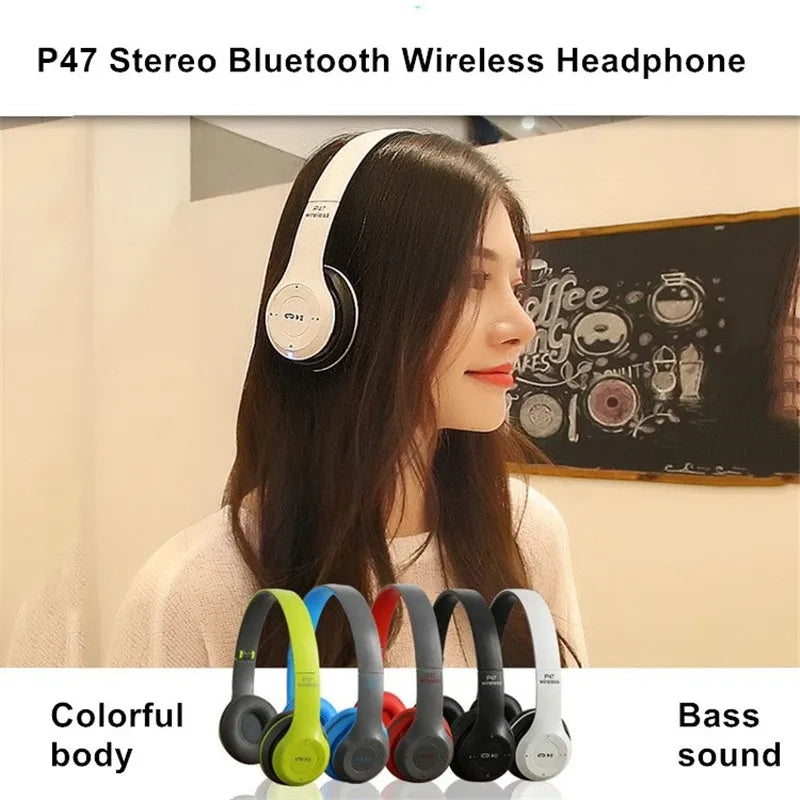 Headphones P47 Bluetooth 5.0 Dobráveis | HiFi Bass Gaming Crianças Mic
