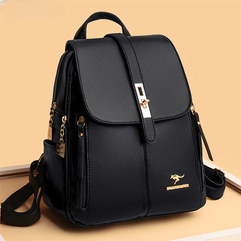 Mochila Couro Luxo Vintage Preta | Escola Casual Daypack Feminina