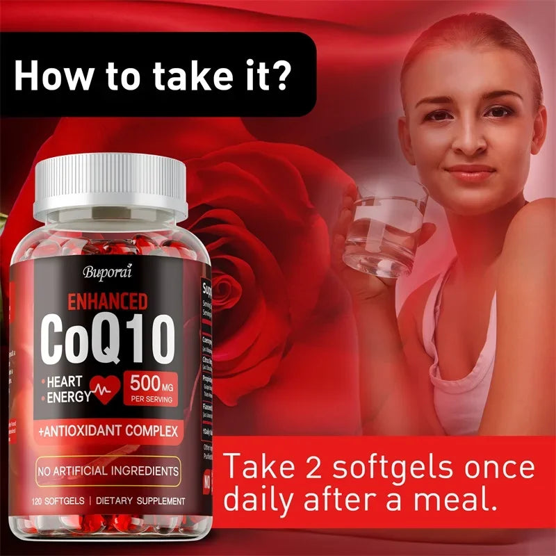 Suplemento de Coenzima Q10 - antioxidante, promove a circulação sanguínea, a saúde do coração e a produção de energia, além de fortalecer a imunidade.