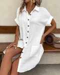 Vestido Mini Algodão Linho V-Neck | Manga 3/4 Vintage Casual Férias