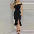 Vestido Bodycon Glitter Ombros de Fora | Fenda Babados Festa