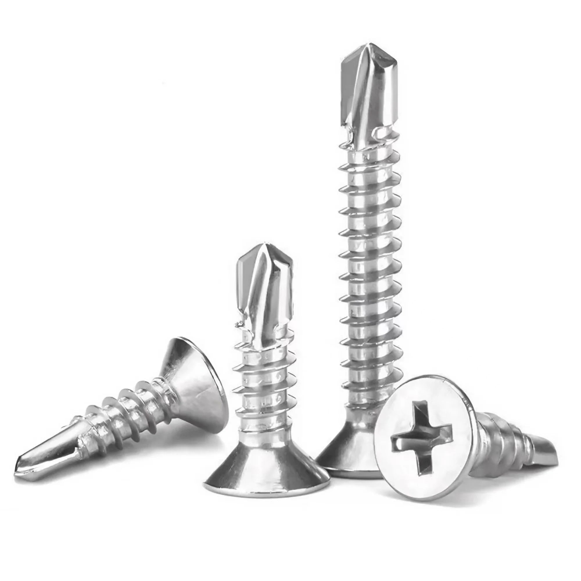50 parafusos auto-atarraxantes para chapa metálica nº 8 M4.2 410, em aço inoxidável 410, com cabeça plana e alta resistência, para uma perfuração rápida.