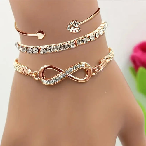 Set 3 Pulseiras Vintage Cristal Coração | Geométrico Ajustável Infinito
