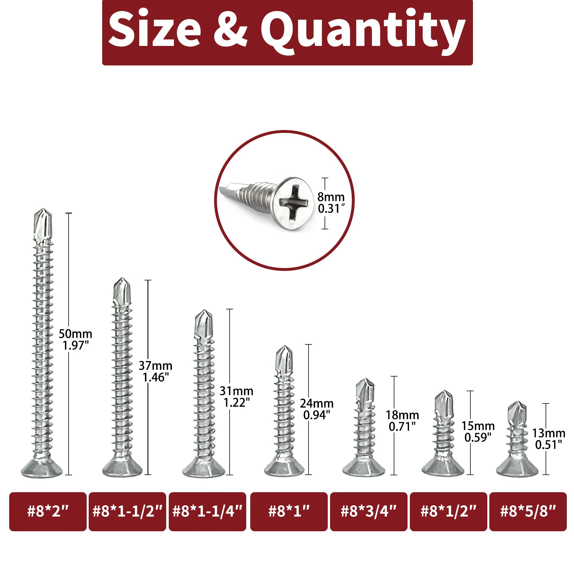50 parafusos auto-atarraxantes para chapa metálica nº 8 M4.2 410, em aço inoxidável 410, com cabeça plana e alta resistência, para uma perfuração rápida.