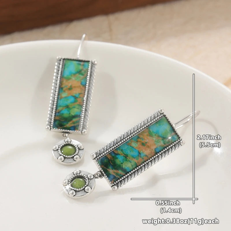 Brincos vintage com pendente quadrado em turquesa sintética verde e zircónia sintética, estilo joalharia feminina banhada a prata para banquetes.