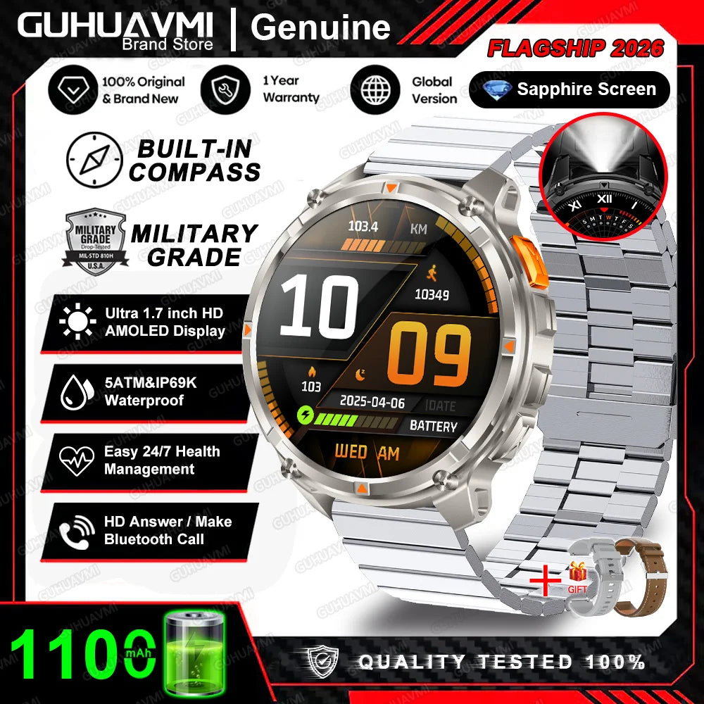 Novo inteligentewatch militar t-rex3 ultra com bateria de 1100mah, resistente à água 5 atm, ecrã de 1,7" com aod, bússola, gps, rastreador desportivo e ideal para actividades ao ar livre.