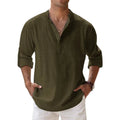 Camisa Linho Algodão Henley Manga Longa | Praia Hawaiana Casual Leve