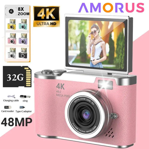 Câmara Digital 4K 48MP CCD Filtros Beleza | Anti-Shake Selfie Flip 180°