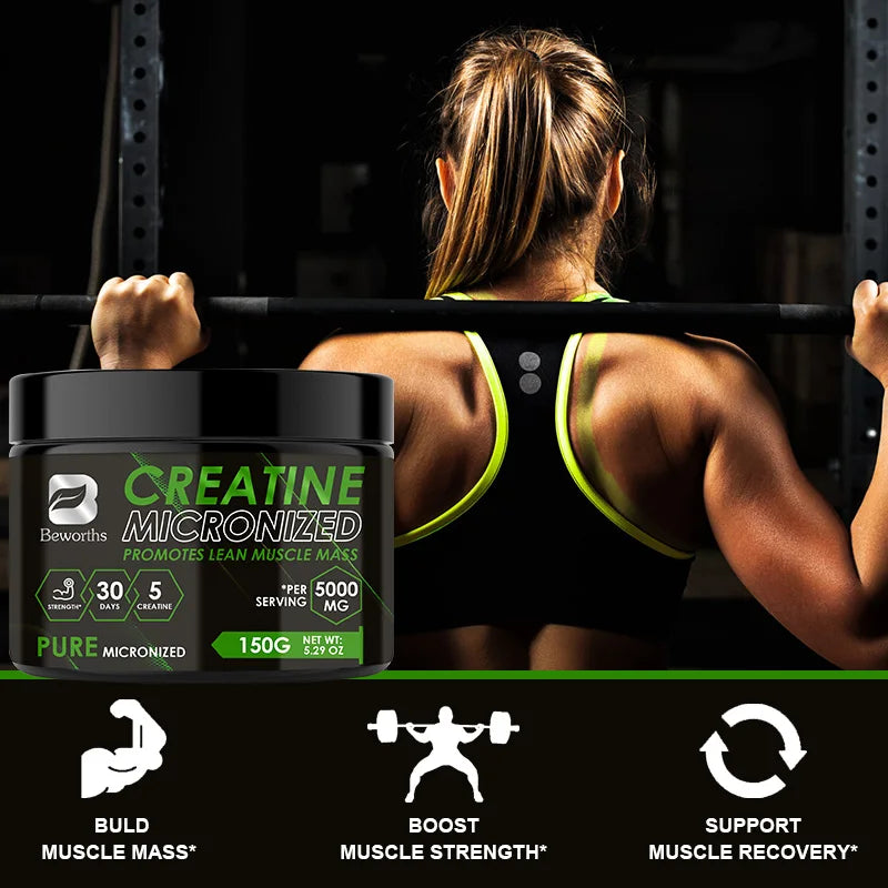 Creatina mono-hidratada Beworths, suplemento alimentar para atletas, auxilia no treino, no desenvolvimento muscular, fornece energia celular e aumenta a força muscular.