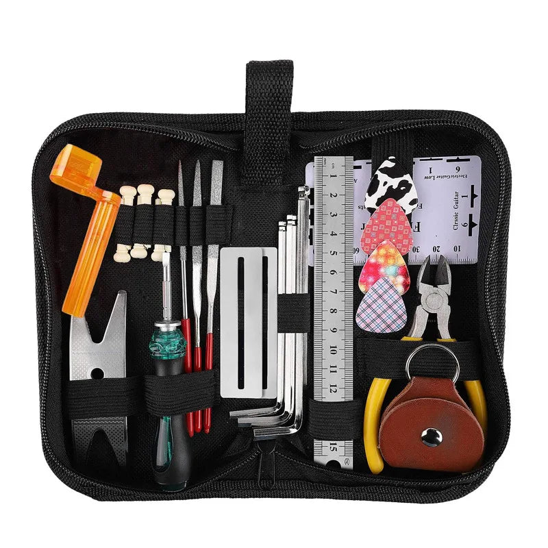 Kit de Reparação de Guitarra 26 Peças – Chaves, Chaves de Fendas e Régua de Escala