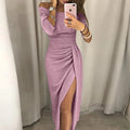 Vestido Bodycon Bling Ombros de Fora | Seda Brilhante Fenda Festa